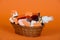 Cosmetic set, soap and safety razor in basket