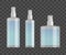 Cosmetic spray bottles set on checkered background. Small, big and wide bottles. Realistic vector design.