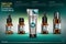 Cosmetic template, collection of brown glass bottles with pipettes, bottles with oil for face, realistic cosmetic bottle