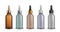 Cosmetic vials. Realistic glass bottles with dropper. 3D cylindrical container for essential liquid and pipette. Serum