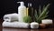 Cosmetics for body care. Massage oils and Towels with candles and flowers aloe. Spa. Generative AI