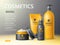 Cosmetics bottles poster. Skin and hair care beauty products, realistic objects 3d mockup, cream, shampoo and tonic