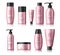 Cosmetics bottles vector set. Cosmetics package collection of mock up pink bottles for lotion, moisturizing and skin care cream.