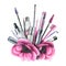 Cosmetics and brushes for eyes and eyebrows, tubes with pink anemone flowers. Watercolor illustration hand drawn