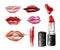 Cosmetics collection. Vector fashion set. Hand drawn graphic lips lipstick Sketch illustration.