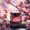 Cosmetics container and cherry blossom branch. Mockup