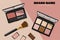 Cosmetics eyeshadow palette ads. Product placement. Eyeshadow products and makeup brush isolated in 3d illustration