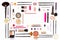 Cosmetics for facial makeup: brushes, powder, lipstick, eye shadow, nail Polish, pencils and other accessories on white background