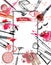Cosmetics and fashion background with make up artist objects: lipstick, cream, brush. Vector.