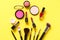 Cosmetics and fashion background with make up artist objects: lipstick, eye shadows, mascara ,eyeliner, concealer, nail polish, ye