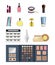 Cosmetics: lipstick, lip gloss, shadows and mascara, perfume, cream.