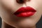 Cosmetics, makeup. Bright lipstick on lips. Closeup of beautiful female mouth with red lip makeup. Clean skin model