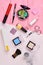 Cosmetics makeup objects, top view.