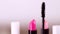 Cosmetics, makeup products on dressing vanity table, lipstick, brush, mascara, nailpolish and powder for luxury beauty