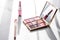 Cosmetics, makeup products set on marble vanity table, lipstick, eyeshadows and make-up brush for luxury beauty and fashion brand