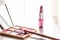 Cosmetics, makeup products set on marble vanity table, lipstick, eyeshadows and make-up brush for luxury beauty and fashion brand