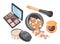 Cosmetics makeup set with powder foundation, blush balls, eye shadow palette and brush tool