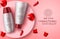 Cosmetics mock up with petals vector banner template. Cosmetic product of whitening and moisturizing skin care lotion bottle.