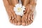 Cosmetics, nails with woman hands and feet, beauty and skincare with flower closeup, manicure and pedicure. Floral