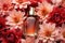 Cosmetics and oils with flowers, top view, bright colors, space for text, realistic setting