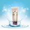 Cosmetics product on background of water splash and light blue bokeh. Vector illustration