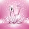 Cosmetics products advertising composition on pink sparkling background with lotus flower.