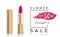 Cosmetics sale banner with lipstick and pink smear. Fashion sale discount illustration.