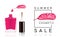 Cosmetics sale banner with nail polish and pink smear. Fashion sale discount illustration