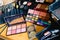 Cosmetics set, palette of eyeshadows, lipsticks, brushes, blush.