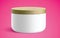 Cosmetics white container covered with a wooden lid, realistic vector mockup.