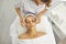 Cosmetologist or dermatologist putting cream during facial massage for woman in beauty salon