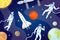 Cosmic background with astronauts. Outer space with spaceship, planets, stars and spaceman exploring cosmos. Cartoon