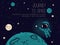 Cosmic background with cute doodle astronauts floating in space and place for text