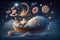 Cosmic bakery floating in space, with celestial objects and stars being baked illustration generative ai