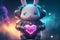 Cosmic bunny holding a big heart. Adorable rabbit astronaut with a heart in space. Romantic valentines illustration. Love poster