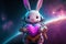 Cosmic bunny holding a big heart. Adorable rabbit astronaut with a heart in space. Romantic valentines illustration. Love poster