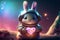 Cosmic bunny holding a big heart. Adorable rabbit astronaut with a heart in space. Romantic valentines illustration. Love poster