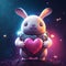 Cosmic bunny holding a big heart. Adorable rabbit astronaut with a heart in space. Romantic valentines illustration. Love poster