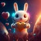 Cosmic bunny holding a big heart. Adorable rabbit astronaut with a heart in space. Romantic valentines illustration. Love poster