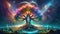 Cosmic Colorful Yggdrasil Tree of Life in Norse Mythology. World Tree Of Vikings. Generative AI