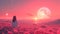 Cosmic escapism. Fantasy scene in pink colors. A woman watches the cosmic sky