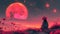 Cosmic escapism. Fantasy scene in pink colors. A woman watches the cosmic sky