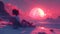 Cosmic escapism. Fantasy scene in pink colors. A woman watches the cosmic sky