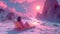 Cosmic escapism. Fantasy scene in pink colors. A woman watches the cosmic sky