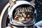 Cosmic Explorer: Close-Up of a Cat Wearing an Astronaut Helmet, Gazing into the Cosmos Reflected in the Visor