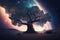 Cosmic nebula growing gigantic tree growing on asteroid. Illustration AI Generative