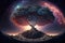Cosmic nebula growing gigantic tree growing on asteroid. Illustration AI Generative
