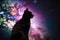 cosmic nebula with silhouette of feline and canine astronaut in space