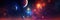 Cosmic planets against backdrop of vibrant nebula and sparkling stars background banner. Panoramic space web header