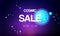 Cosmic sale banner vector illustration. Spaceship travel to new planets and galaxies. Space trip future technology. Open